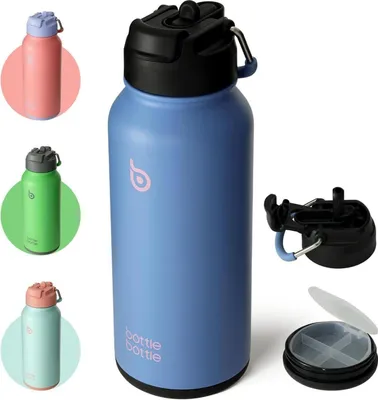 Produktbild von Sport Trinkflasche Edelstahl 1L Isolierflasche Strohhalm Pillendose Fitnessstudio