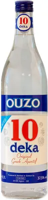 A clear, well-lit studio shot of a bottle of Ouzo.