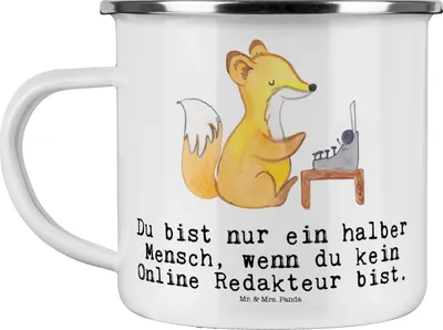 Produktbild von Mr. & Mrs. Panda Teetasse Online Redakteur Herz - Weiß - Geschenk, Haferl, Kaffeepott, Emaille Tasse, Pott