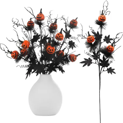 Produktbild von 5 Stück Halloween-Dekorationen, 47 cm künstliche Kürbis-Ahornblätter, Blumenstiele, Halloween-Zweige, Dekoration, für Party-Vasen-Arrangements