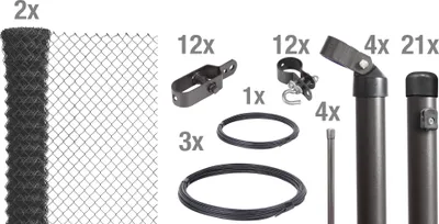 A collection of fence components laid out on a light gray background, including rolls of mesh, various connectors, tension bands, and fence posts.