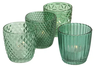 Produktbild von Teelichthalter aus Glas transparent Petrol - 4er Set / 7 cm - Deko Windlicht Retro Tischdeko