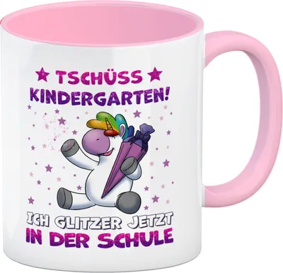 Produktbild von Tschüss Kindergarten Einhorn Kaffeebecher Rosa für die Einschulung