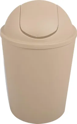 A beige trash can with a flip-top lid.