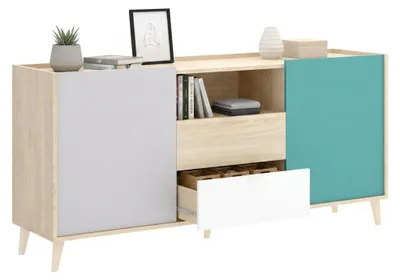 Produktbild von Sideboard Dmaje, Wohnzimmer-Buffet, modernes Wohnzimmer-Sideboard mit 2 Türen, 155 x 43 x 75 cm, Weiß und Eiche