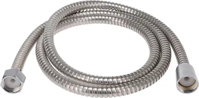 A coiled stainless steel shower hose with connectors on both ends, presented on a white background.