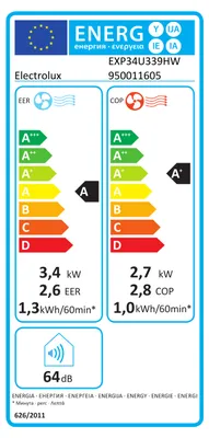 Produktbild von Electrolux EXP34U339HW, Einteilige mobile Klimaanlage, Kühlung, Entfeuchter, Ventilator, Heizung, 12000 BTU/h, 64 dB, 3400 W, 2700 W