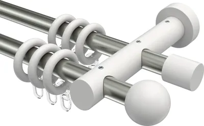 Produktbild von Interdeco Gardinenstange / Vorhangstange Edelstahl-Optik / Weiß, Typ Talena Luina (Kugel), 20 mm Ø 2-läufig, 120 cm