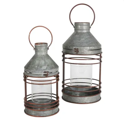 Produktbild von Zink Laternen 2er Set mit Glas Windlicht im Industrie-Look Outdoor Gartenlaterne