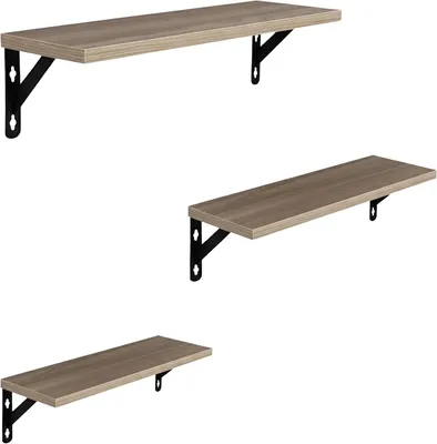Immagine prodotto di Set di mensole da parete - Design industriale - Realizzato in MDF e metallo - 3 dimensioni: 30/35/40 cm - Colore marrone chiaro