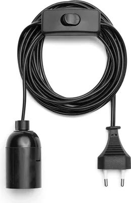 A black lamp cord with a socket, a switch, and a plug on a white background.