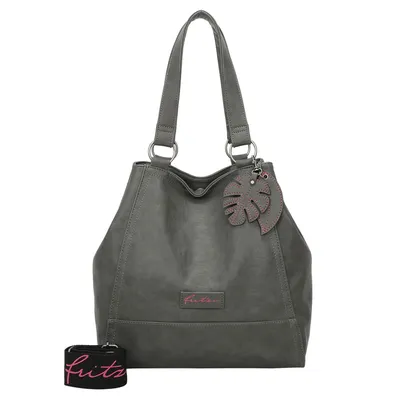 A grey shoulder bag with a leaf charm and a detachable strap.