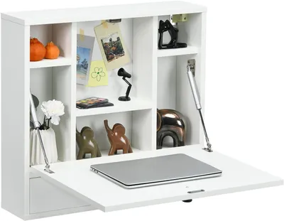 Immagine prodotto di KOMFOTTEU, Tavolo pieghevole da parete, tavolo a ribalta per laptop con ripiano integrato e cassetto, scrivania pieghevole per piccoli spazi, bianco