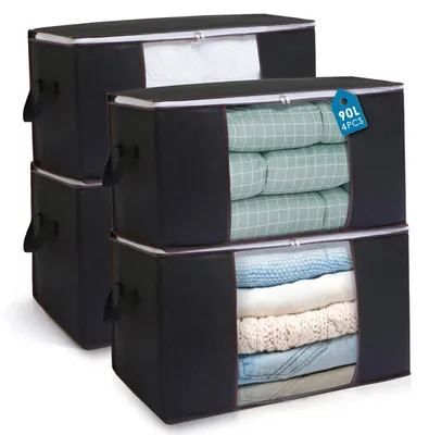 Productafbeelding van Set van 4 Opvouwbare Opbergtassen van 90L voor Onder Bed - Ideaal voor Beddengoed en Kleding - Zwart