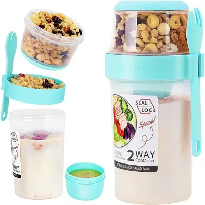 Produktbild von Müslibecher To Go, Jogurtbecher mit Löffel für Unterwegs, 310ML+760ML Auslaufsicherer Joghurt Becher, Lunchbox (Blau)