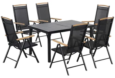 Zdjęcie produktu dla Zestaw mebli ogrodowych składający się ze stołu i 6 regulowanych krzeseł | Kolor: czarny | Wymiary: 90x140x74 cm