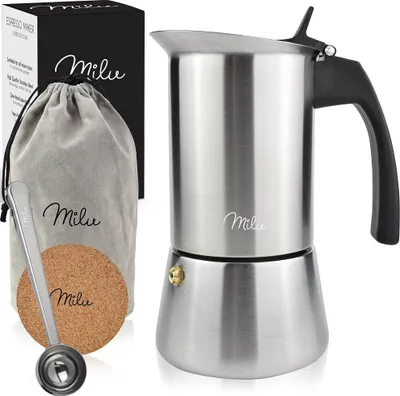 A collection of items for making espresso, including a coffee maker, a bag, a scoop, and a coaster.