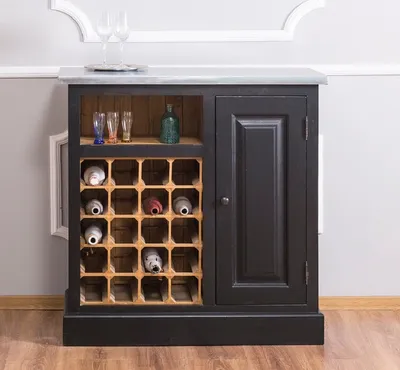 Produktbild von Casa Padrino Landhausstil Weinschrank Schwarz / Naturfarben / Silber 90 x 41 x H. 90 cm - Weinschrank mit Tür und verzinkter Platte