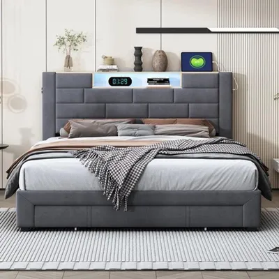 Image de Lit double en velours gris avec éclairage LED et port USB