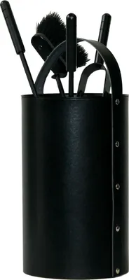 Produktbild von 4tlg. Kaminbesteck mit Lederkorb schwarz ø 23cm / Höhe 36cm