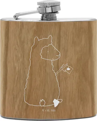 Produktbild von Mr. & Mrs. Panda Flachmann Alpaka Fahne - Transparent - Geschenk, Aus Edelstahl, Hip Flask, taschenflasche, Liebe, feldflasche, Alpakas, Lama, Holz, Lamas