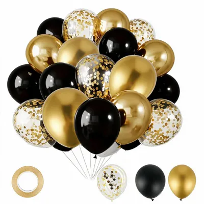 Ballonset schwarz-gold, 50 Stück, 12 Zoll, Latex, mit Band