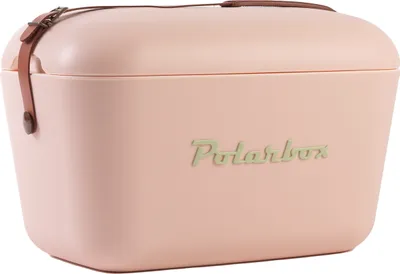 A pink Polarbox cooler with brown leather straps and a green logo.