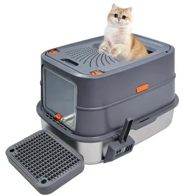 Immagine prodotto di Lettiera per gatti in acciaio inossidabile - Lettiera chiusa per gatti - Extra grande, 58x42x42 cm - Bordo alto per evitare fuoriuscite - Facile da pulire con la paletta - Grigia e argento