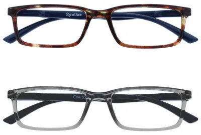 Zdjęcie produktu dla OPULIZE Okulary do czytania z filtrem niebieskiego światła, okulary do czytania dla kobiet i mężczyzn, z filtrem UV400, redukujące zmęczenie wzroku, z zawiasami typu "piórko", prostokątna oprawka, okulary do komputera i gier, zestaw 2 sztuk, kolor: brązowy i szary, korekcja: 0,00