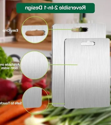 Doppelseitiges Schneidebrett aus Edelstahl mit Griff, ideal für Fleisch, Brot und Gemüse in der Küche