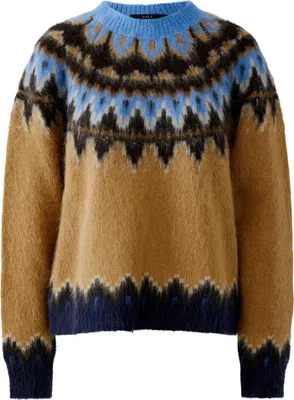 Produktbild von Pullover mit Jacquard-Norwegermuster aus Alpaka-Garnmischung, Rundhals, Raglanarm, dunkel camel blau, Größe 34