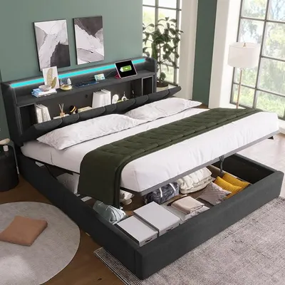 Image de Lit avec tête de lit équipée de LED et de compartiments de rangement, fonction de charge USB, lit coffre hydraulique, dimension 160x200 cm, sommier à lattes en bois, lit avec sommier à lattes en cadre métallique, couleur lin gris (160x200 cm)