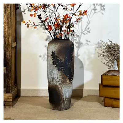 Produktbild von Schwarze Boho Bodenvase aus Keramik, 50 cm, Rustikale Vintage Vase für die Wohnzimmerdekoration, Pampasgras oder Trockenblumen, Geeignet für Regale und Tische