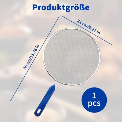 Obrázek produktu pro Nerezová ochrana proti stříkání, 21 cm, s dlouhou plastovou rukojetí, pro pánve a hrnce