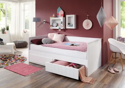 Produktbild von Relita Timmi Funktionsbett, Weiß, Liegefläche 90/180x200 cm, 2 Schubladen, MDF, Romantischer Landhausstil, mit Sitzfunktion