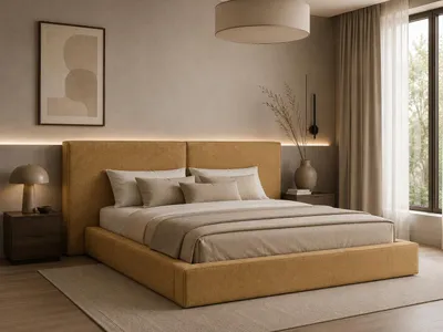 Produktbild von MOEBLO Polsterbett Bett 06 – Doppelbett mit gepolstertem Kopfteil, Bettkasten, Lattenrost und Gasfedermechanismus - 180x200 - Gelb (Tresor 37)