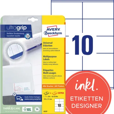 Produktbild von Avery Zweckform 6137 Universal-Etiketten, A4 mit ultragrip, Adressaufkleber, 105 x 57 mm, 300 Etiketten/30 Bogen, weiß