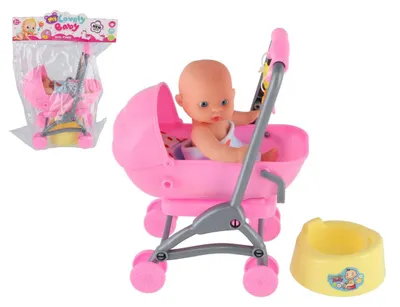 Produktbild von Puppe/Baby, 12 cm groß, im Kinderwagen (10x14x18 cm), mit Zubehör, in zwei Farben, verpackt in einer Tüte