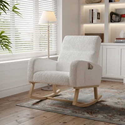 Produktbild von Schaukelstuhl Mid-Century Modern Nursery Schaukelsessel gepolstert hohe Rückenlehne Accent Glider Rocker für Wohnzimmer，Massivholzrahmen, hochwertige Stoffe (Beige)