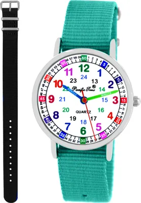 Produktbild von Kinder Armbanduhr Mädchen Jungs Lernuhr Uhrzeit lernen 2 Armband türkis + schwarz