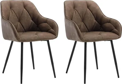 Two brown dining chairs with black metal legs on a white background.