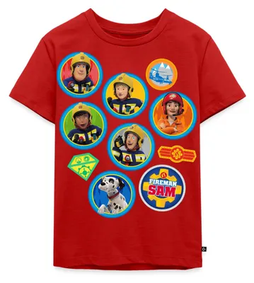 Produktbild von Spreadshirt Feuerwehrmann Sam™ Patch-Design Vom Ganzen Team Kinder Premium T-Shirt, 98/104 (2 Jahre), Rot