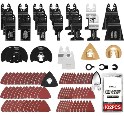 Productafbeelding van Oscillerende multitool-accessoireset, 102-delig. Inclusief HCS-bladen, bimetalbladen, schuurpad, schuurpapier, schraper en opbergkoffer. Universeel compatibel