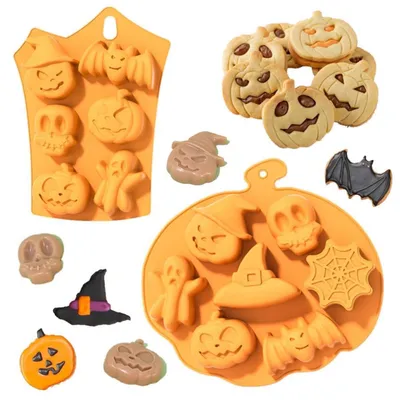 Immagine prodotto di Stampi in silicone per dolci a tema Halloween: zucca, pipistrello, teschio, fantasmi. Confezione da 2 pezzi