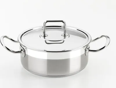 A stainless steel pot with a lid and two handles, shown against a white background.