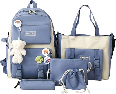 Produktbild von ASKSA SchulrucksackSet 5 PCS Rucksack Fuer Suesser Schulrucksack Maedchen Teenager Buechertasche Schulranzen Kinder Die Schule, Blau, 29 x 12 x 40 cm