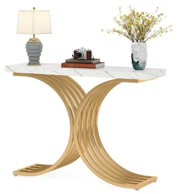 Produktbild von Konsolentisch für Flur - Eingangstisch - Schmal 100 x 30 x 80 cm - Tischplatte in Marmoroptik - Geometrische Metallbeine - Rechteckig - Weiß und Gold
