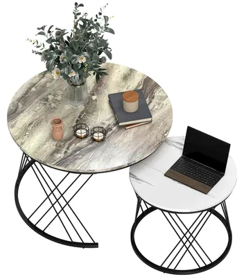 Produktbild von HOMCOM Couchtisch rund 2er Set Beistelltisch Wohnzimmertisch mit Marmoroptik