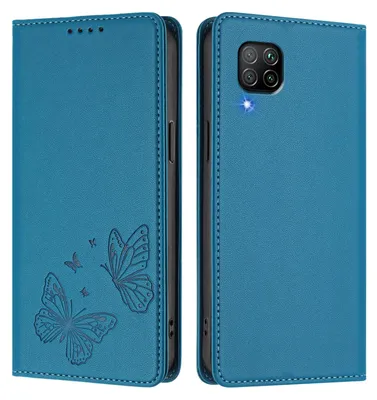 Produktbild von Lederhülle für Huawei P40 Lite, Schmetterling Prägung Leder Brieftasche Schutzhülle mit Ständer Blau