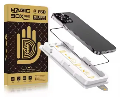 A product shot showing the packaging for a screen protector and the screen protector itself with an application aid, alongside a smartphone.